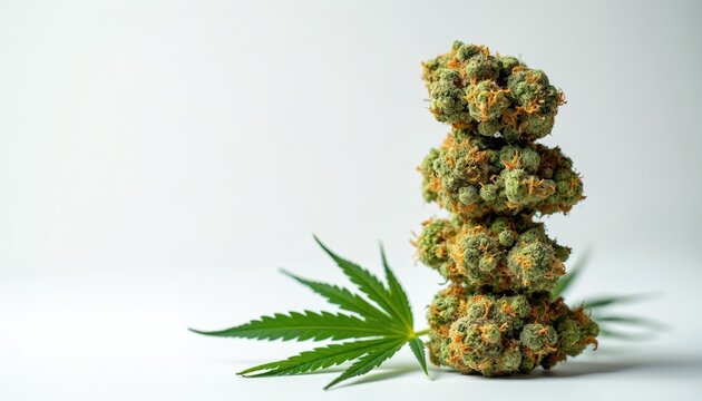 Stack of cannabis buds beside green marijuana leaf. Isolated on white background. Buds are piled vertically. Natural organic plant close up.
