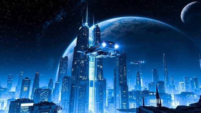 FuturisticCityNightSkywithSpaceship