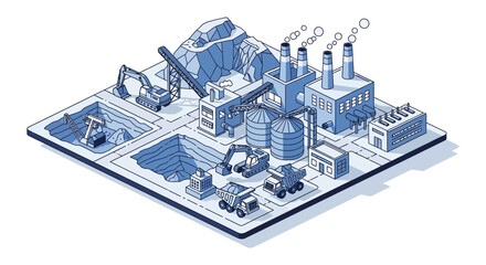 Isometric industrial complex with mining equipment factories and infrastructure rendered in a striking silhouette high quality professional detailed modern elegant stylish © GDSneha02