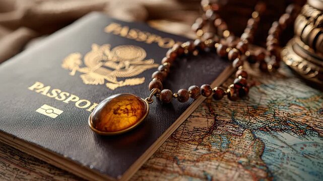 Elegant Passport on Vintage Map with Amber Pendant Necklace and Wooden Beads Evoking Travel and Adventure Nostalgia
