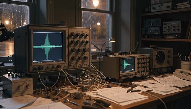 Vintage science equipment lab workbench with oscilloscopes and wiring analysis oscilloscope, waveform.