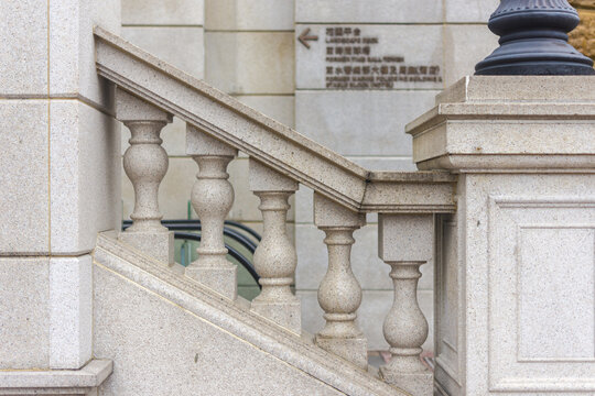 Classical European Stone Staircase with Ornamental Balusters and Handrail