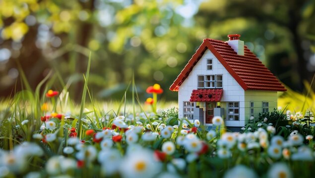 LEGO-style house with red roof and white walls in spring garden, front view with soft blurred background