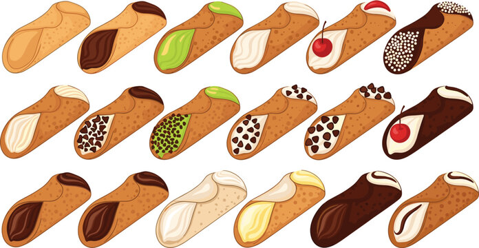 Cannoli Dessert Vector Icon Set with Filled Italian Pastry Rolls, Cream, Chocolate, Pistachio, and Cherry Toppings for Bakery Designs