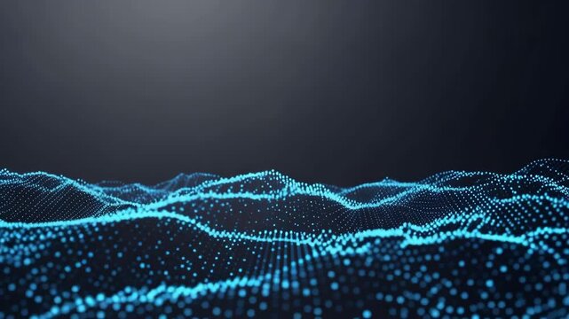 Abstract wave of glowing blue dots creates a digital landscape on a black background for futuristic corporate presentation use.