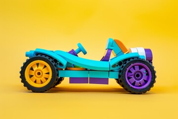 Naklejka premium LEGO toy car in blue and purple on yellow background, minimalist product photography