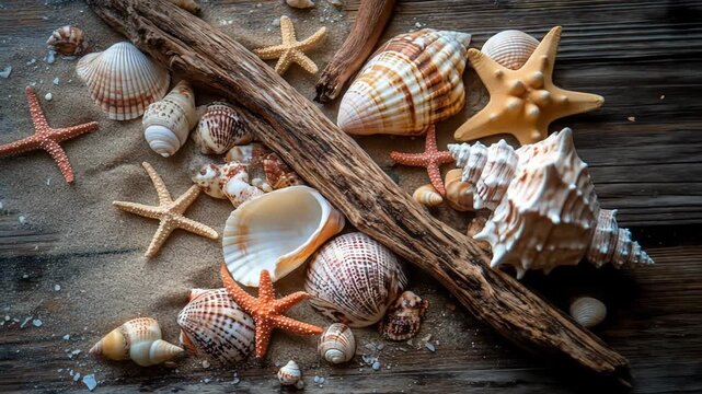 Seashells starfish and driftwood arrangement on a wooden surface closeup