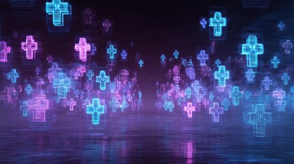 Abstract glowing crosses floating on dark background with futuristic style