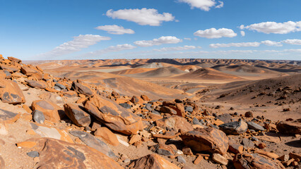Fototapeta premium Panoramic View Of Rocky Desert Landscape With Rugged Terrain And Expansive Sky, Ideal For Travel And Nature Themes