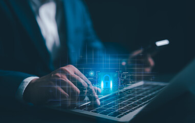 A Businessman working laptop, cyber security internet network data privacy concepts. secure access to user personal information, cybersecurity, secure Internet access, information security encryption.