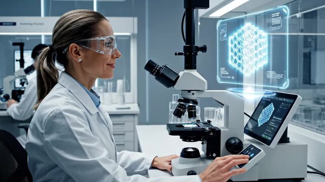 Female scientist in white lab coat examines samples through microscope, interacting with digital display in modern laboratory setting with male colleague in background