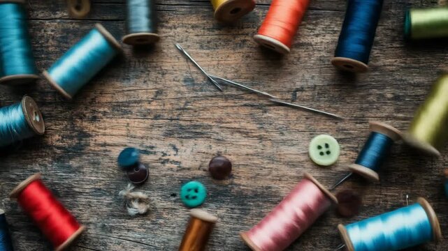 Sewing notions threads buttons and needle on a rustic wooden surface