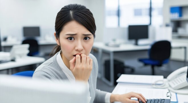 Anxious young Asian female employee biting nails at desk, workplace anxiety and imposter syndrome