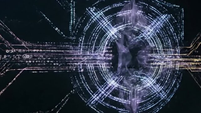 Complex Algorithm Processing Intricate patterns of code and data transforming on a screen, illustrating the mathematical complexity of encryption.