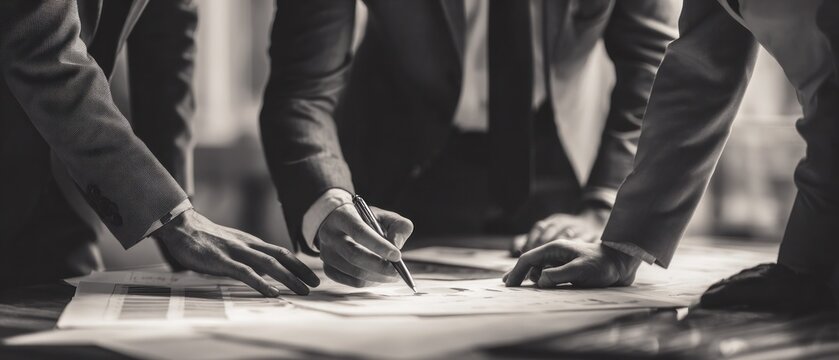Business professionals collaborating around a table reviewing documents monochrome