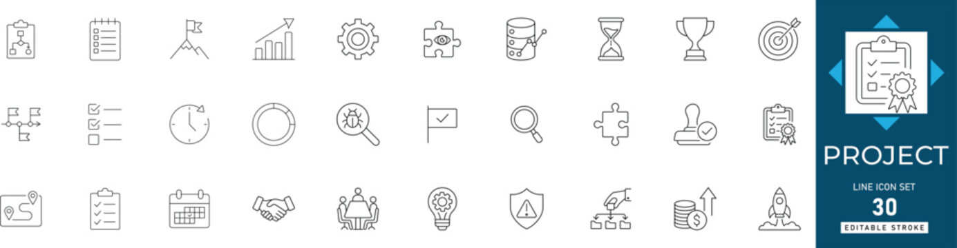 Project line icon set featuring management, planning, teamwork, timeline, briefing, and resources. Professional editable vector set for business.
