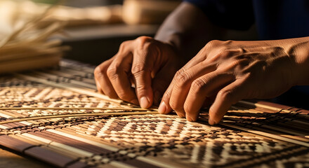 Hands weaving traditional textile patterns with intricate designs on a loom in a cultural setting