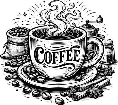 coffee mug design line art illustration vector cartoon print educational colouring book for kids drawn hand drawn.	