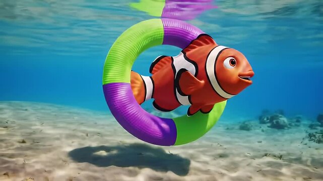 Playful clownfish swims through a vibrant colorful ring in an underwater scene evoking joy and wonder for children s illustrations marketing campaigns or website design