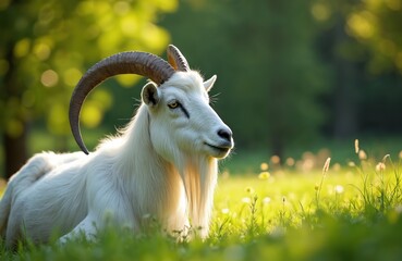 Naklejka premium White goat with large horns rests on green meadow grass in soft sunlight. Domestic animal with long beard looks peacefully. Nature, rural farm scene.