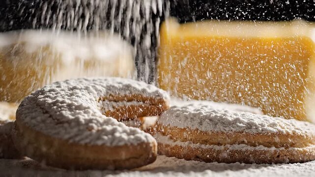 Dynamic top-down zoom reveal of assorted cookies being dusted with powdered sugar