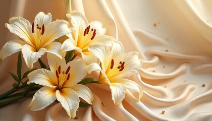 Creamy white lilies with yellow centers and red anthers rest on flowing satin fabric. Subtle gold accents dot the elegant cloth, suggesting luxury and celebration for events like weddings.