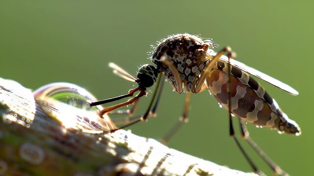 Close-up of a mosquito perched on a dewdrop showcasing intricate details and highlighting the insect s delicate structure against a blurred green background