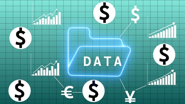 Data management concept with glowing folder displaying DATA surrounded by currency symbols and upward trending bar graphs on a teal grid background Keywords: data, data management, information
