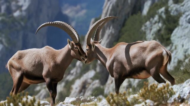 Two majestic ibex facing each other in natural alpine habitat with rocky mountain backdrop