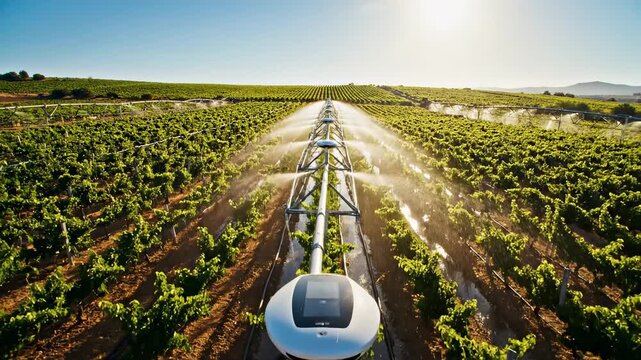 Automated irrigation system sprays water over rows of grapevines in a vineyard under bright sunlight, showcasing the lush green landscape and agricultural technology