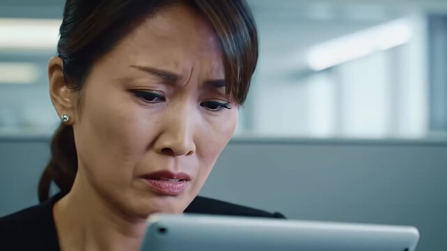 Concerned businesswoman stares intently at tablet screen in modern office setting displaying worry and frustration while reviewing data or facing a difficult situation