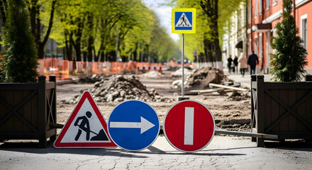 Road Construction Site with Warning Signs and Barriers.