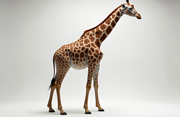 Obraz premium Giraffe stands on white background, showing full body and distinct pattern. Tall mammal with long neck and legs, seen from the side. This animal is a gentle giant.