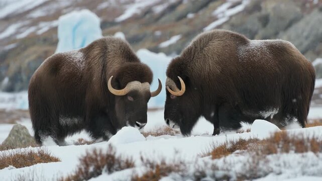 Two majestic musk ox facing each other in a snowy arctic landscape northern wildlife adaptation and survival winter scene