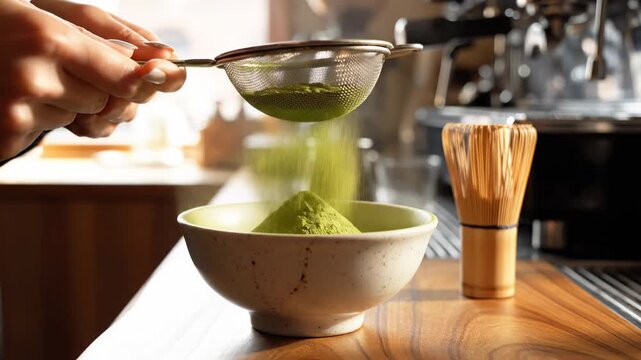 Hand sifting green matcha powder through a fine mesh strainer into a bowl, with a bamboo whisk and coffee equipment visible in a bright cafe setting