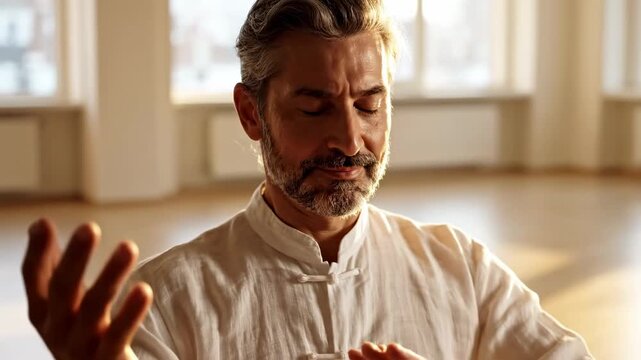Mature Caucasian man practicing Tai Chi in a sunlit studio, demonstrating fluid hand movements with a serene expression and soft lighting enhancing the tranquil atmosphere