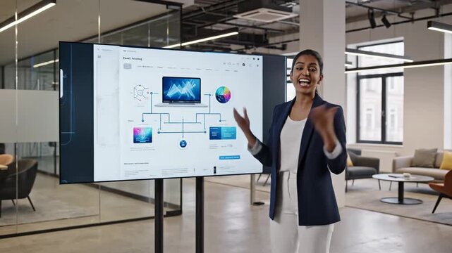 South Asian woman in business attire presents digital data on a large screen, showcasing graphs and charts in a modern office environment with seating areas visible