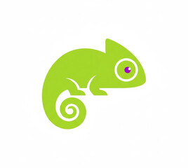 Fototapeta premium Minimalist flat design of a bright lime green chameleon with a playful curled tail and a prominent purple eye, perfectly suitable for contemporary branding and digital media applications