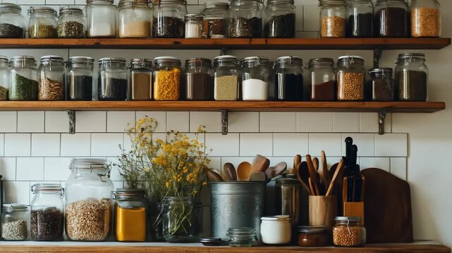 Shelf of spices and herbs in kitchen culinary and food preparation