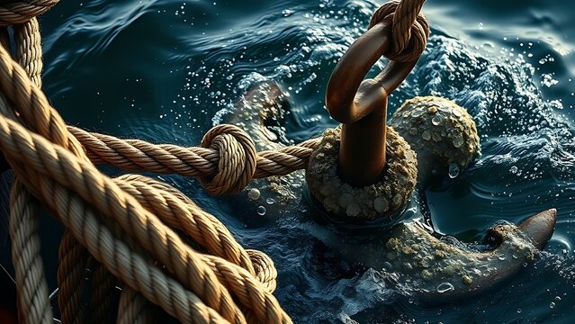 jeopardizing. Thick wet ropes and barnacled anchor pulled from dark water, droplets flying. safety posters, maintenance manuals, designed for industrial assembly lines and welding operations.