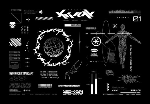 Futuristic design elements, HUD and Y2K elements - wireframe human, 3D Earth Globe, cyber lettering, logo, icons, tribal, UI elements. Futuristic cyberpunk monochrome graphic. Vector hi-tech set
