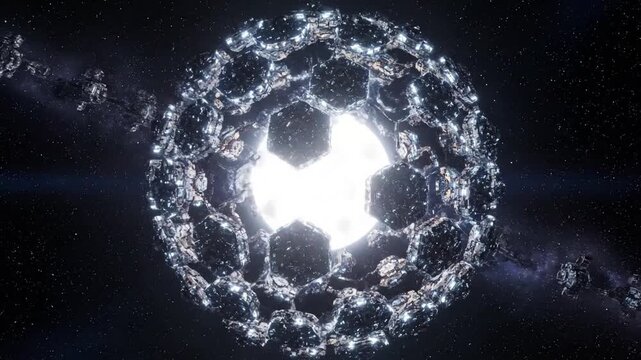 Automated Assembly Process Dynamic views of autonomous robotic units and gigantic automated factories meticulously assembling and interlocking vast structural components in orbit around the star.