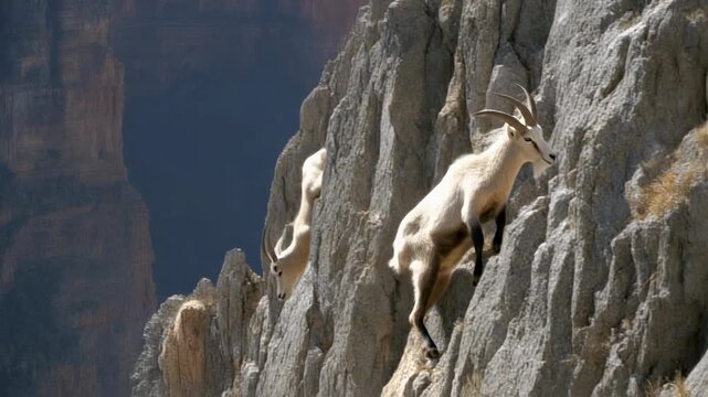 Two nubian ibex climbing sheer cliff face with grand canyon background under bright sunlight showing adaptability and survival