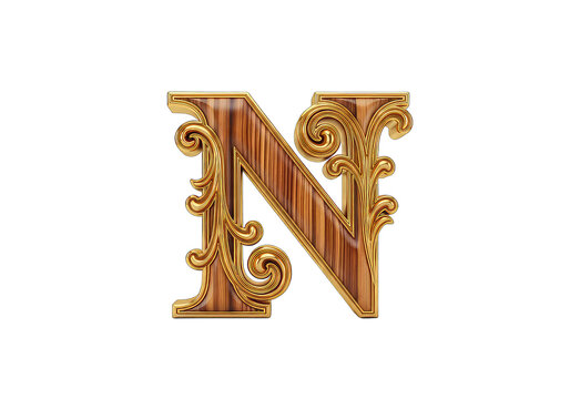 Decorative Golden Letter N on Wood, Ornate Alphabet, Cut-out