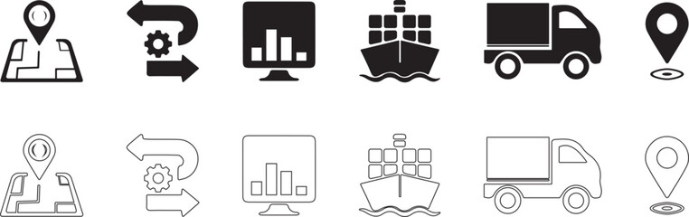 Logistics tracking. Vector icon set of supply chain optimization.