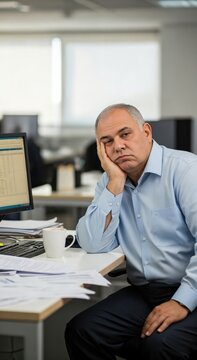 Tired senior male office worker experiencing late career burnout and professional exhaustion at his desk.