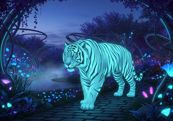 A glowing blue tiger standing on a path in a magical forest