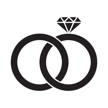 Black and white illustration of wedding rings with a diamond above