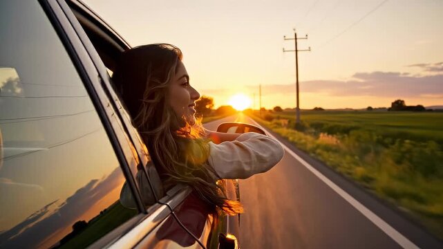 Young woman enjoys sunset drive in countryside. She relaxes with head outside car window. Scenic landscape enhances feeling of freedom. Road trip vibes radiate positivity.