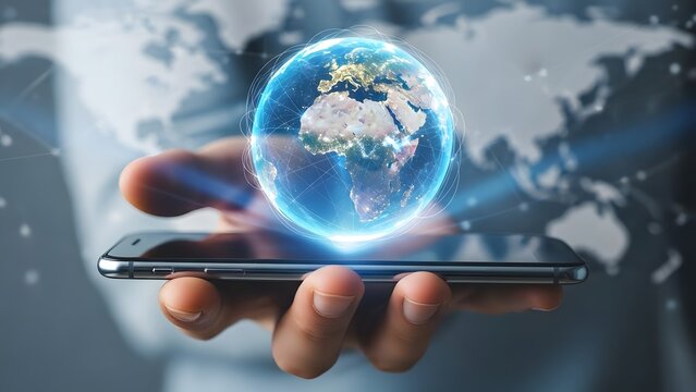 A person holding a smartphone with a glowing blue globe on the screen representing global connectivity and technology